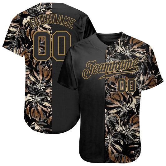 Custom 3D Pattern Design Golden Tropical Leaves In The Style Of Jungle And Hawaii Authentic Baseball Jersey