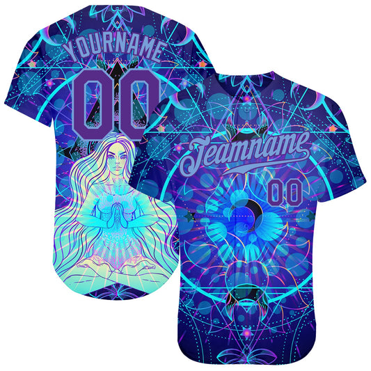 Custom 3D Pattern Design Magic Girl Sitting And Meditation In Lotus Position Over Geometry Psychedelic Hallucination Authentic Baseball Jersey