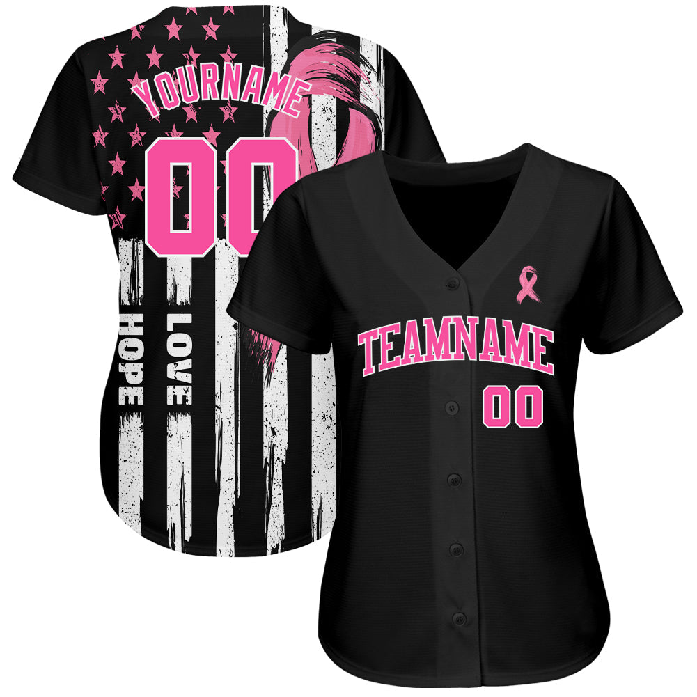 Custom 3D American Flag With Pink Ribbon Breast Cancer Awareness Month Women Health Care Support Authentic Baseball Jersey