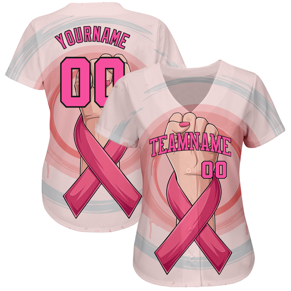 Custom 3D Breast Cancer Awareness Month With Woman Hand And Pink Ribbon Women Health Care Support Authentic Baseball Jersey