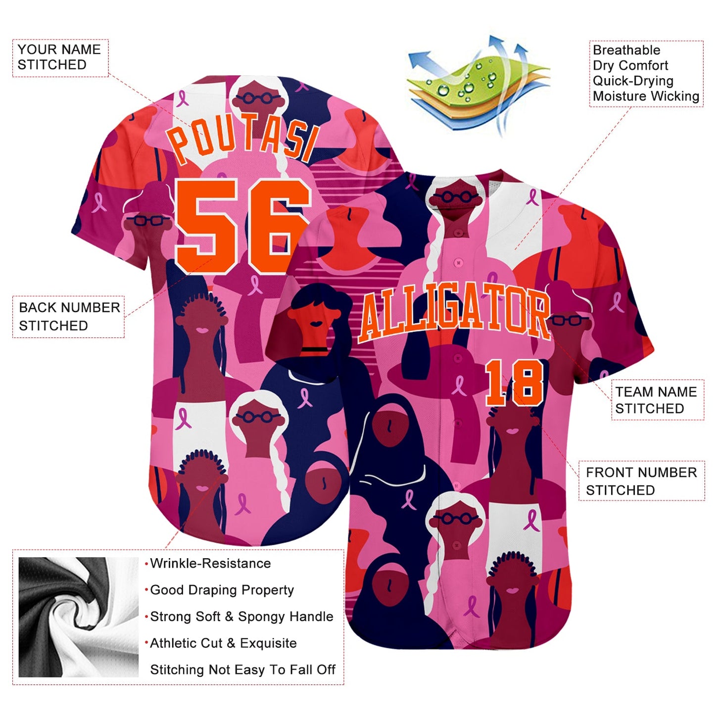 Custom 3D Pink Ribbon Breast Cancer Awareness Month Women Health Care Support Authentic Baseball Jersey