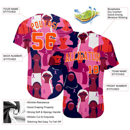 Custom 3D Pink Ribbon Breast Cancer Awareness Month Women Health Care Support Authentic Baseball Jersey