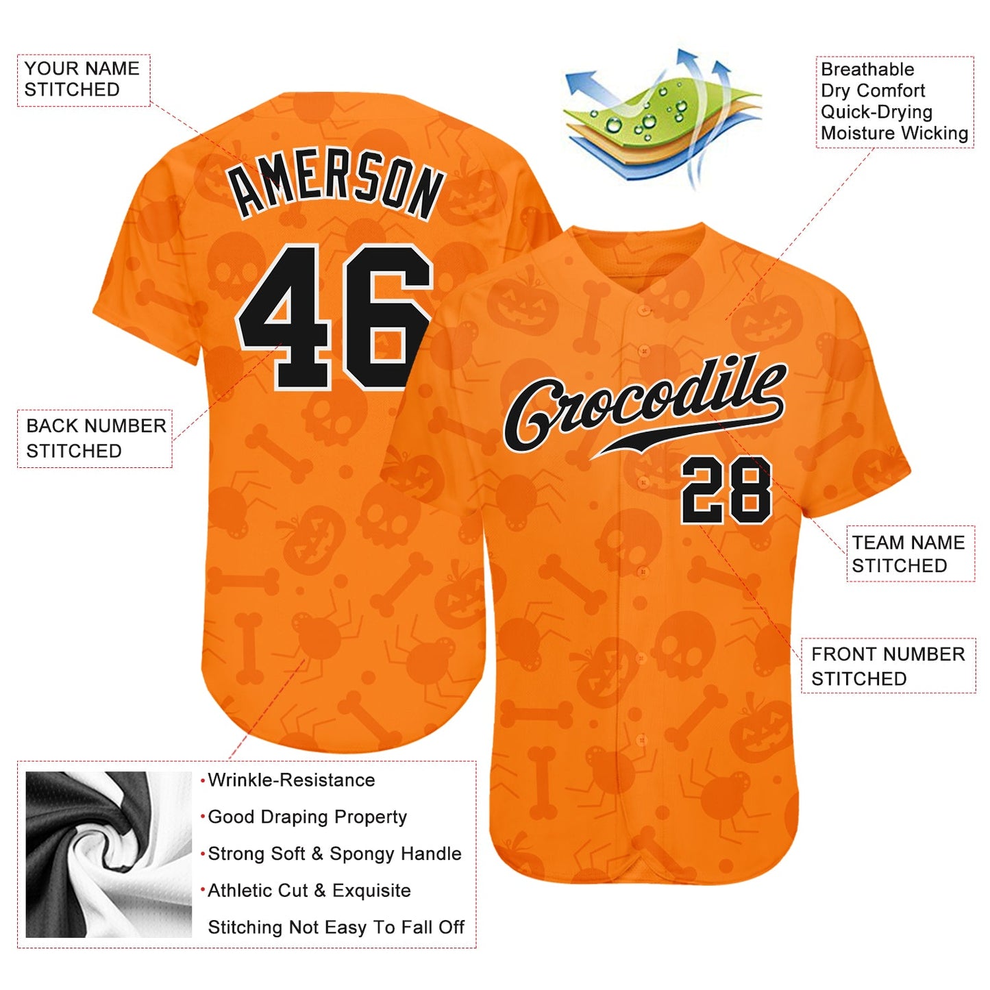 Custom 3D Pattern Halloween Pumpkins Skulls Candies Spiders Authentic Baseball Jersey