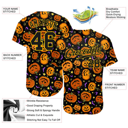 Custom 3D Pattern Halloween Pumpkins Bats Stars Authentic Baseball Jersey