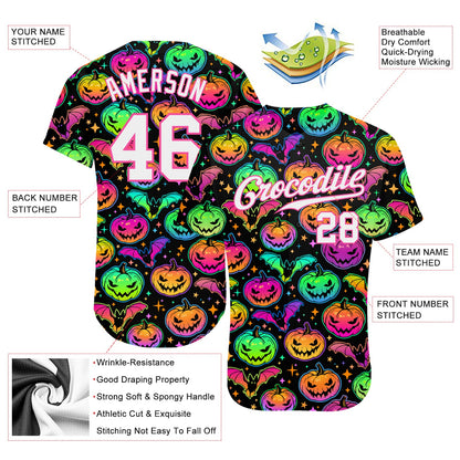 Custom 3D Pattern Bright Multicolored Halloween Pumpkins And Bats Authentic Baseball Jersey