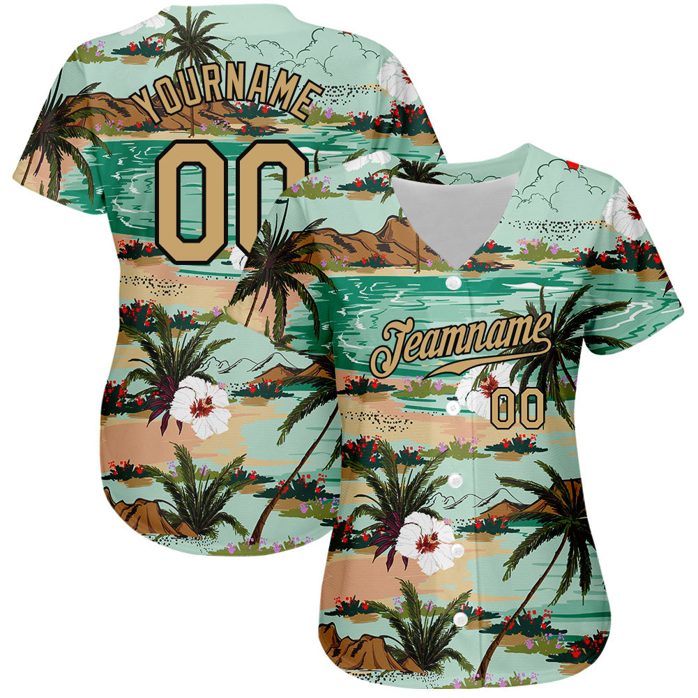 Custom Aqua Old Gold-Black 3D Pattern Design Hawaii Palm Trees And Flowers Authentic Baseball Jersey