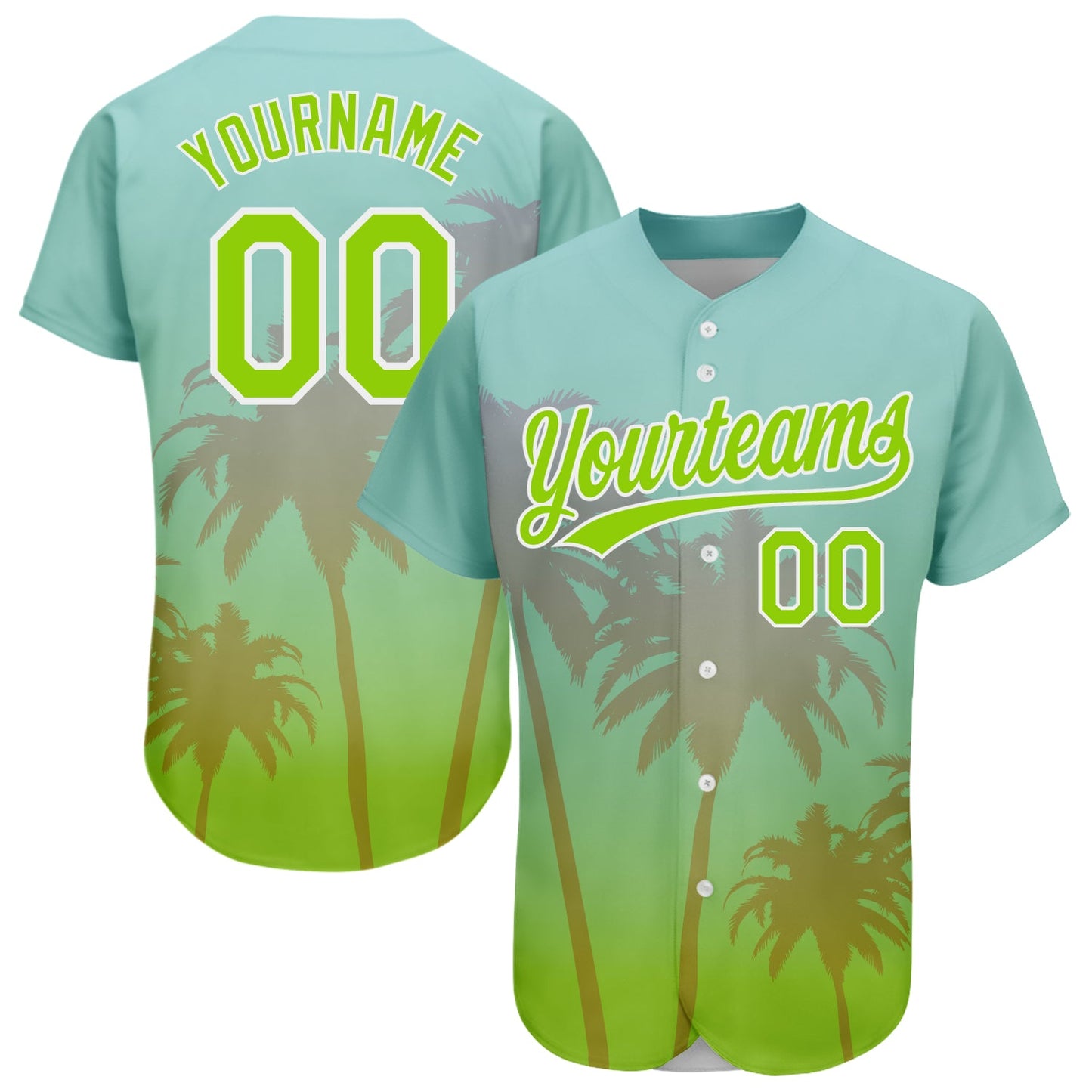 Custom Aqua Neon Green-White 3D Pattern Design Hawaii Palm Trees Authentic Baseball Jersey