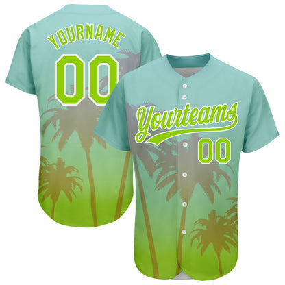 Custom Aqua Neon Green-White 3D Pattern Design Hawaii Palm Trees Authentic Baseball Jersey