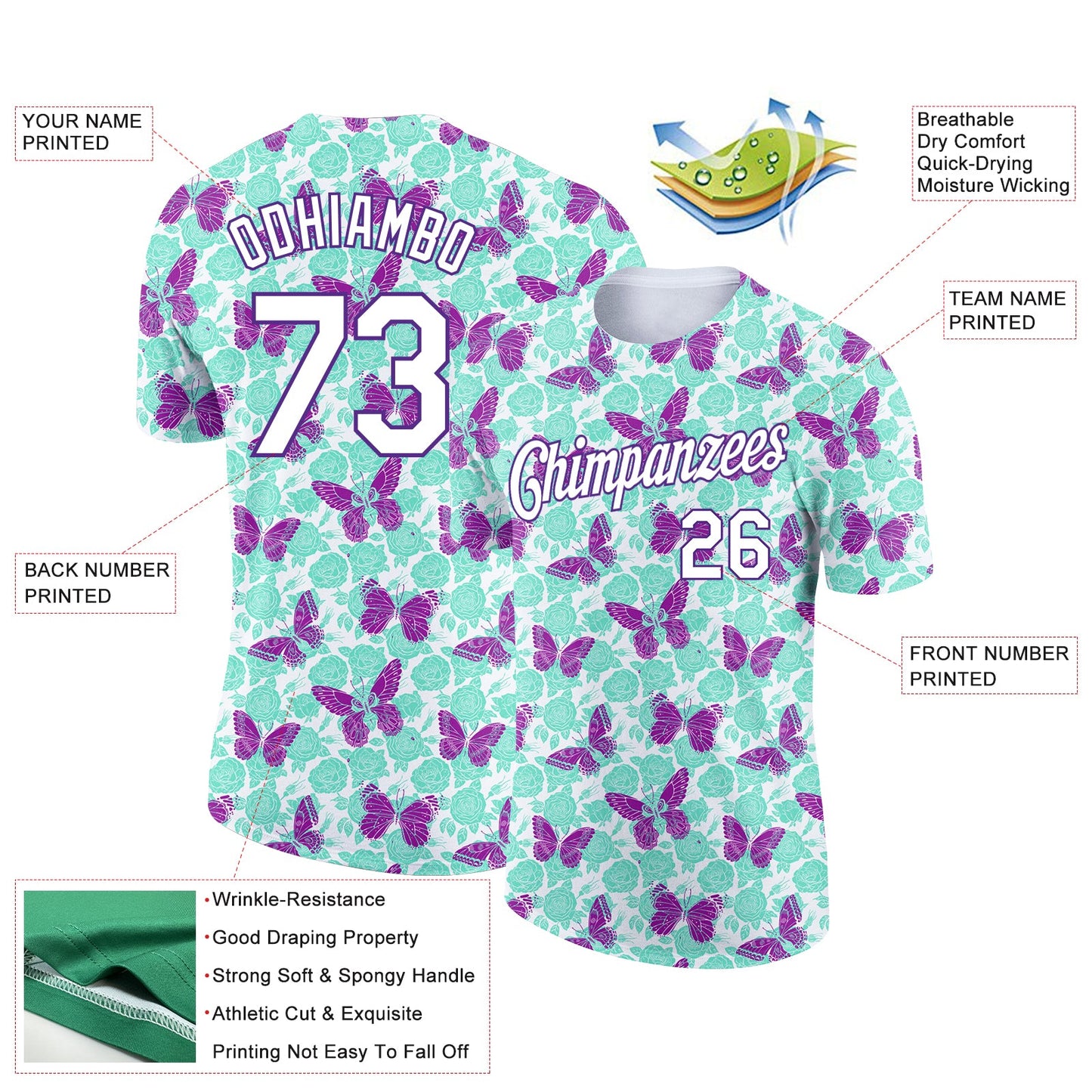 Custom Aqua White-Purple 3D Pattern Design Butterfly Performance T-Shirt