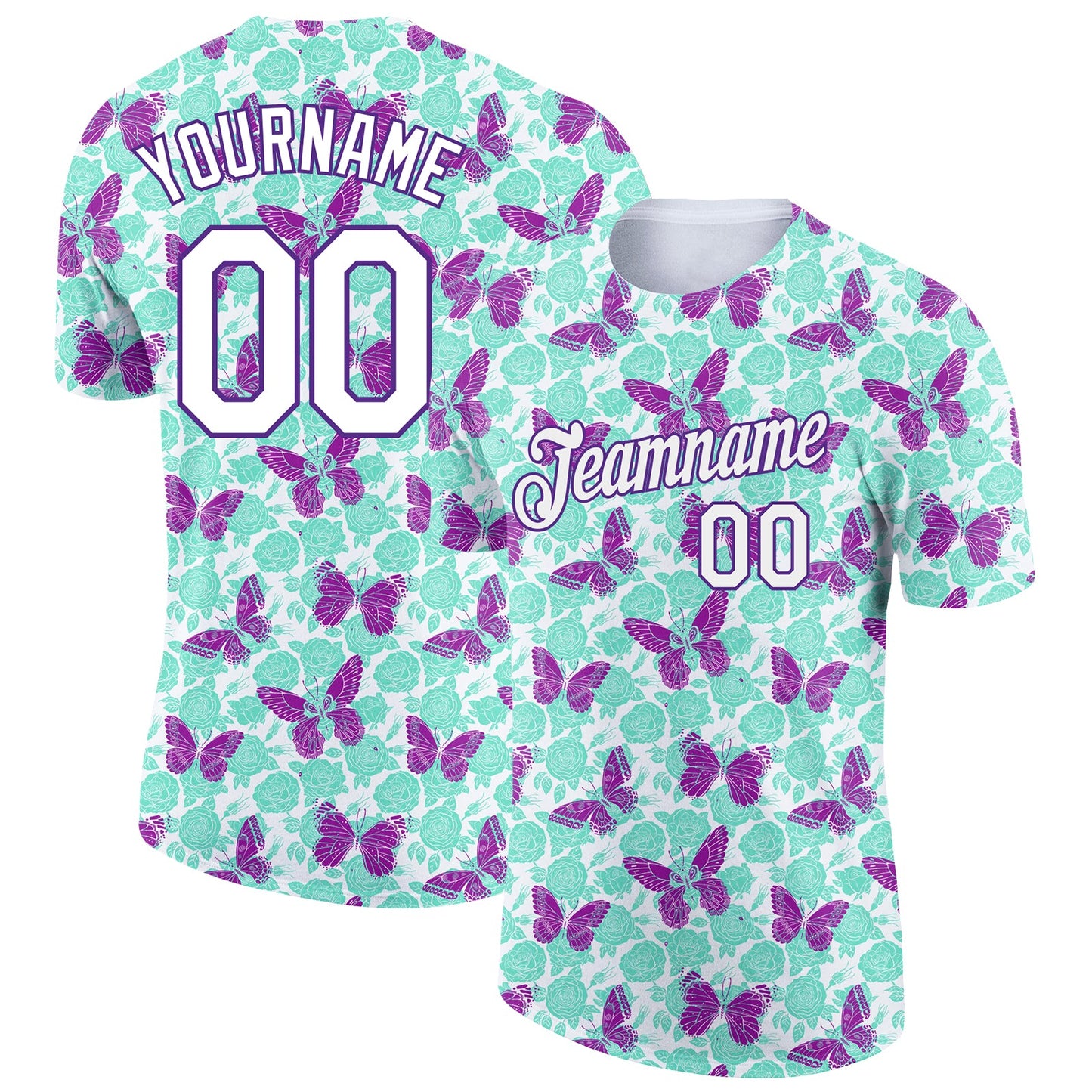 Custom Aqua White-Purple 3D Pattern Design Butterfly Performance T-Shirt