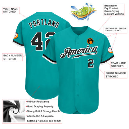 Custom Aqua Black-White Authentic Baseball Jersey