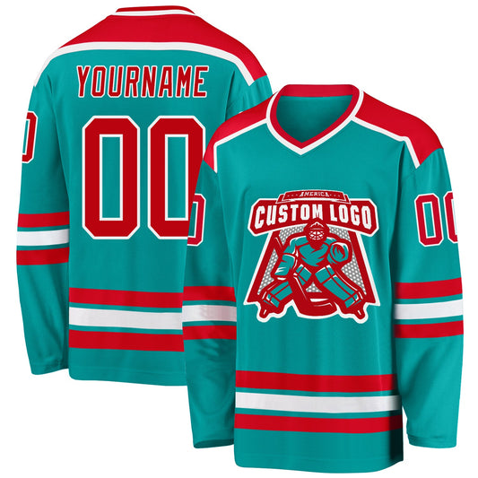 Custom Aqua Red-White Hockey Jersey