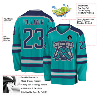 Custom Aqua Navy-Gray Hockey Jersey