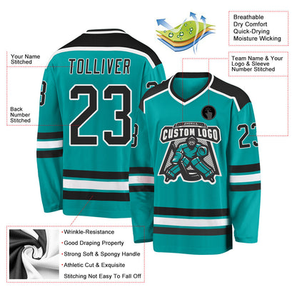 Custom Aqua Black-White Hockey Jersey