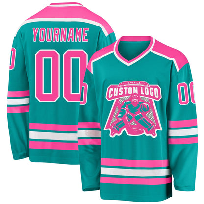 Custom Aqua Pink-White Hockey Jersey