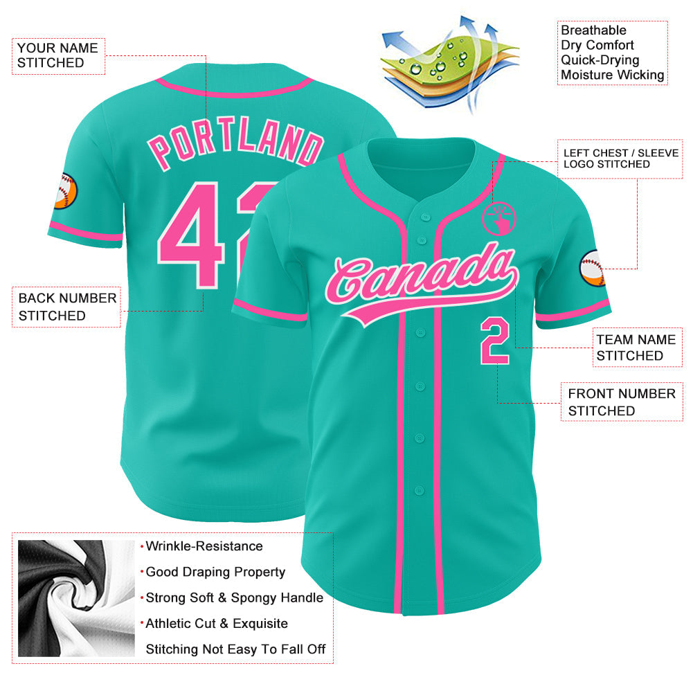 Custom Aqua Pink-White Authentic Baseball Jersey