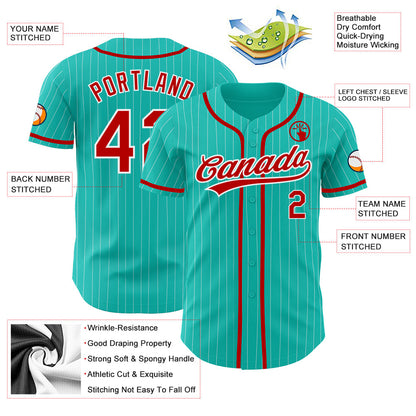 Custom Aqua White Pinstripe Red Authentic Baseball Jersey