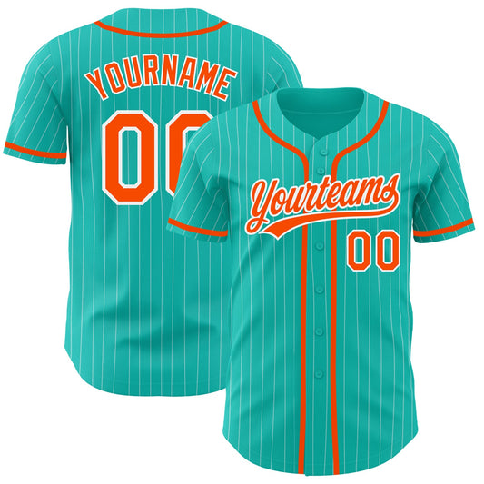 Custom Aqua White Pinstripe Orange Authentic Baseball Jersey