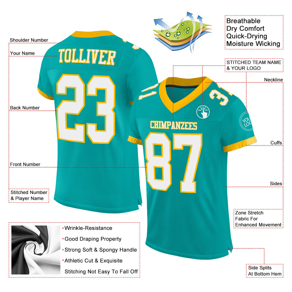 Custom Aqua White-Gold Mesh Authentic Football Jersey