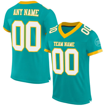 Custom Aqua White-Gold Mesh Authentic Football Jersey