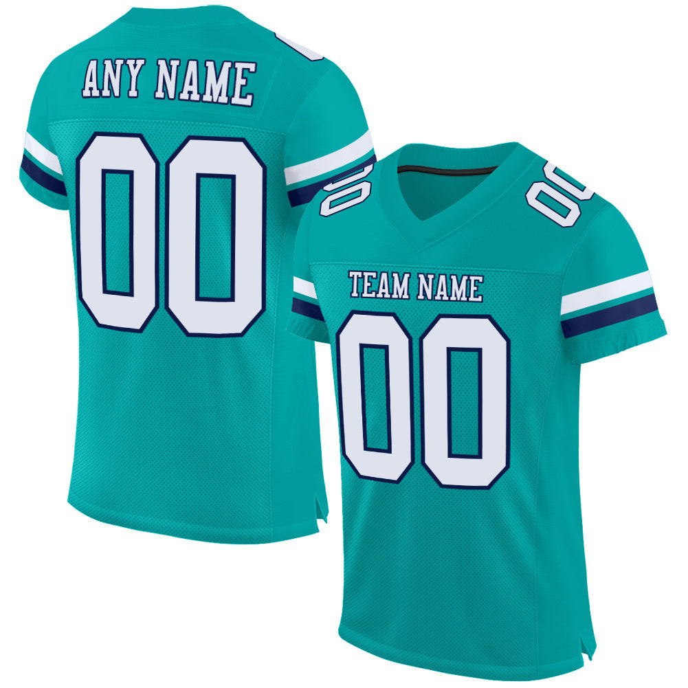 Custom Aqua White-Navy Mesh Authentic Football Jersey