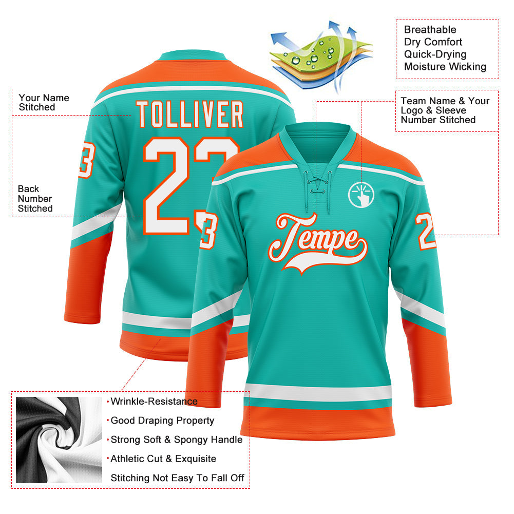 Custom Aqua White-Orange Hockey Lace Neck Jersey