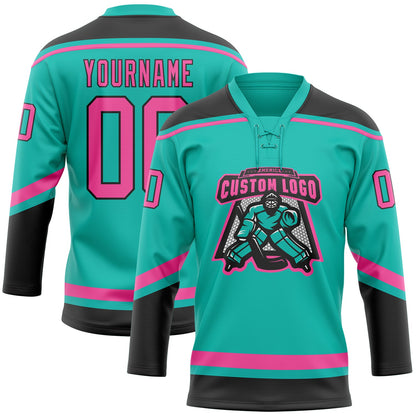 Custom Aqua Pink-Black Hockey Lace Neck Jersey