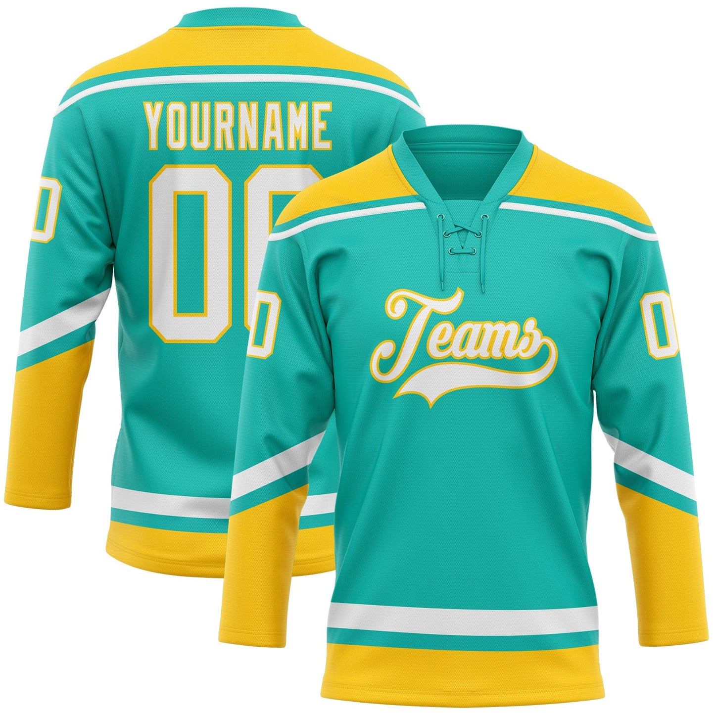 Custom Aqua White-Yellow Hockey Lace Neck Jersey