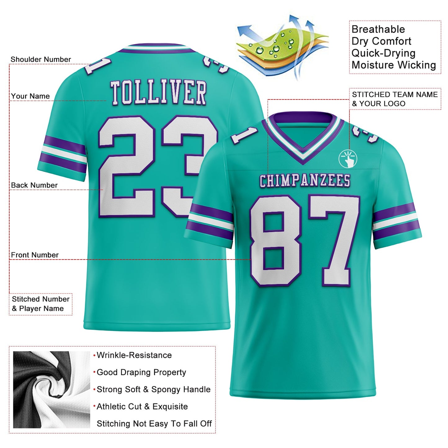 Custom Aqua White-Purple Mesh Authentic Football Jersey