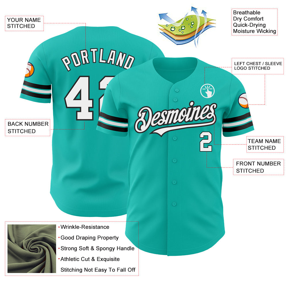 Custom Aqua White-Black Authentic Baseball Jersey