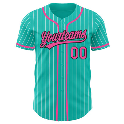 Custom Aqua White Pinstripe Pink-Black Authentic Baseball Jersey