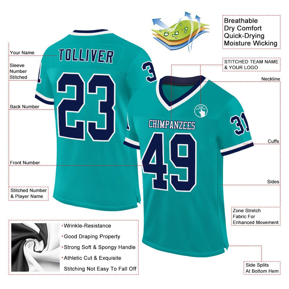 Custom Aqua Navy-White Mesh Authentic Throwback Football Jersey