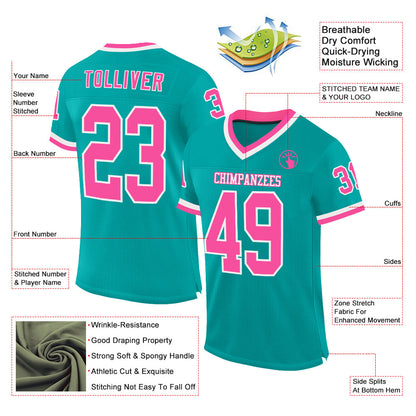 Custom Aqua Pink-White Mesh Authentic Throwback Football Jersey