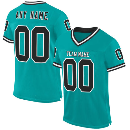 Custom Aqua Black-White Mesh Authentic Throwback Football Jersey