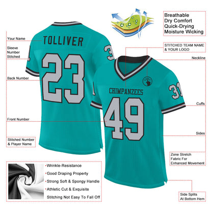 Custom Aqua Gray-Black Mesh Authentic Throwback Football Jersey