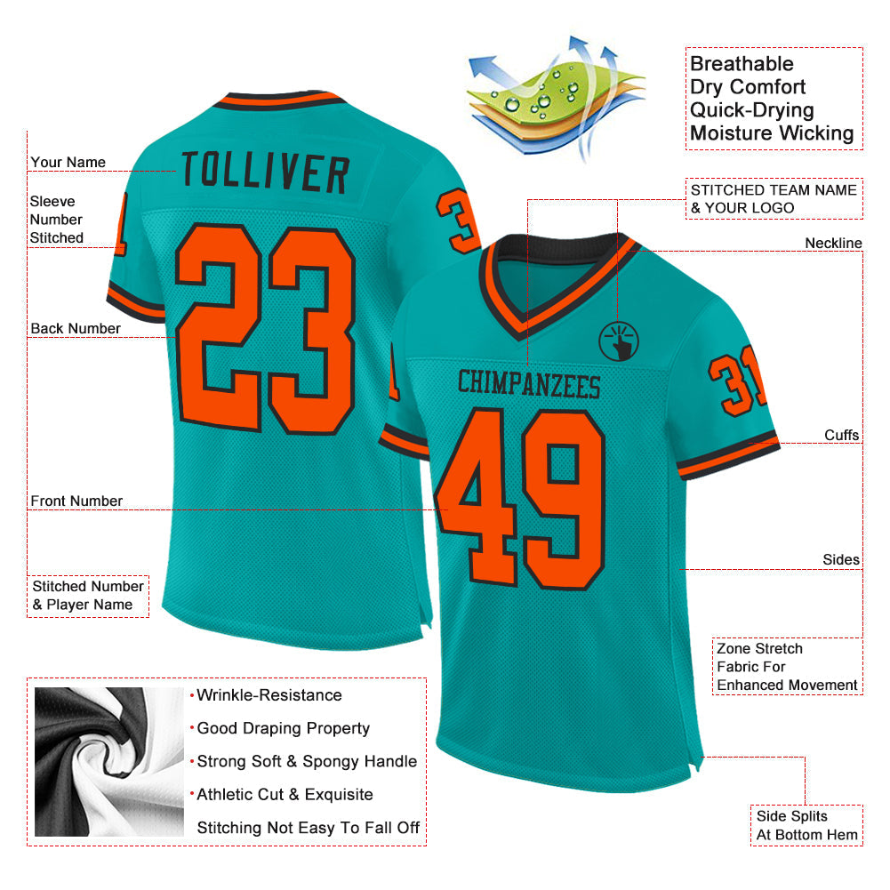 Custom Aqua Orange-Black Mesh Authentic Throwback Football Jersey