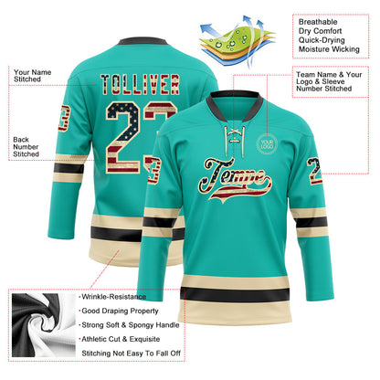 Custom Aqua Vintage USA Flag Cream-Black Hockey Lace Neck Jersey