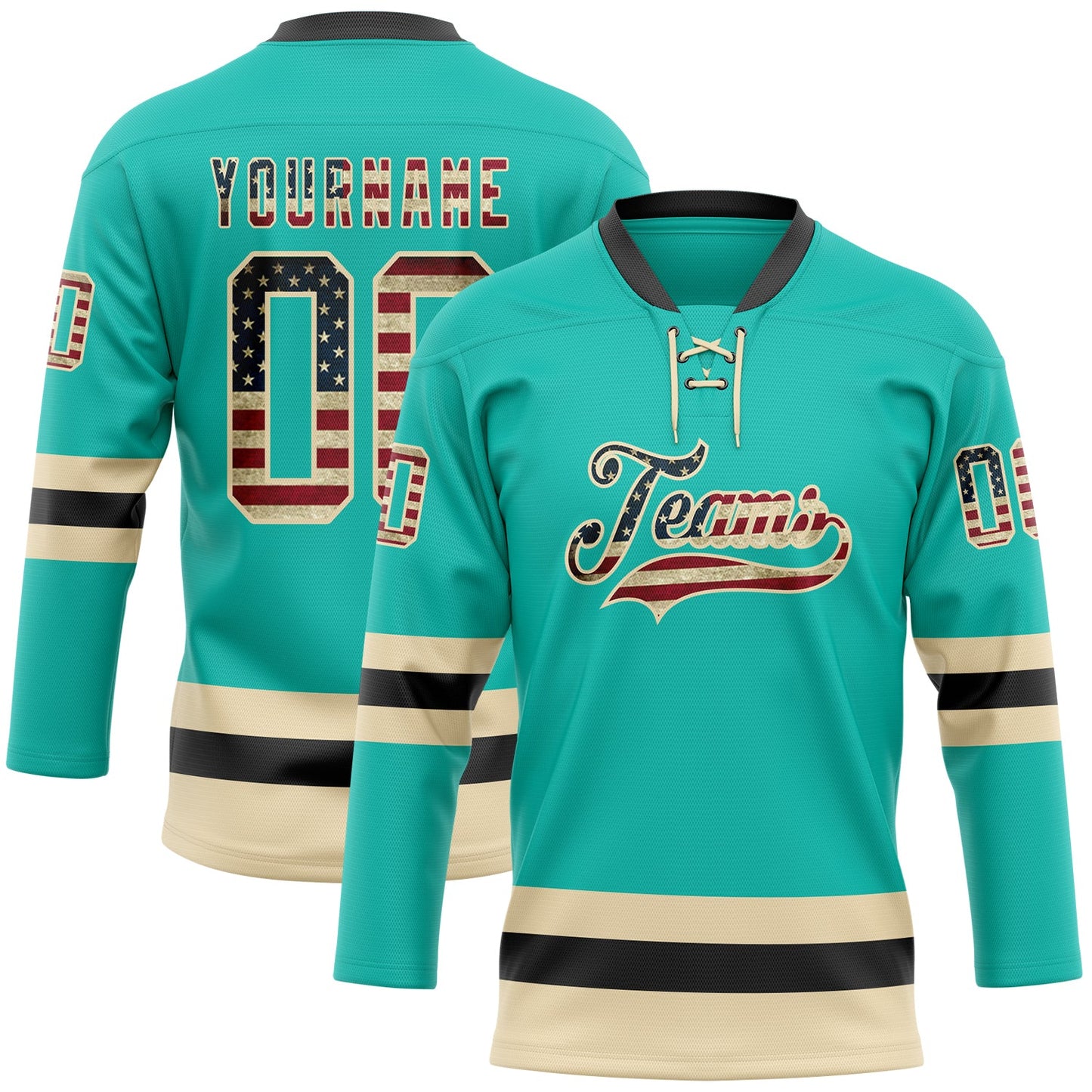 Custom Aqua Vintage USA Flag Cream-Black Hockey Lace Neck Jersey