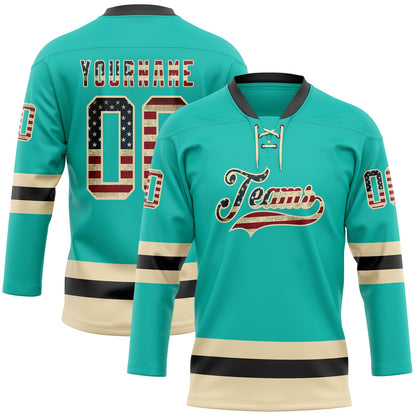 Custom Aqua Vintage USA Flag Cream-Black Hockey Lace Neck Jersey