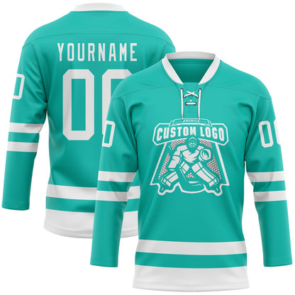 Custom Aqua White Hockey Lace Neck Jersey