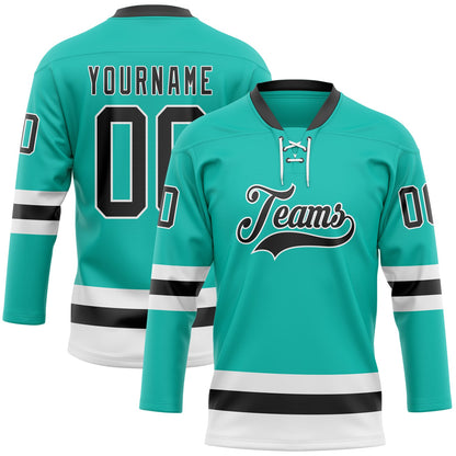 Custom Aqua Black-White Hockey Lace Neck Jersey