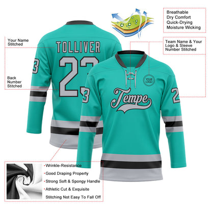 Custom Aqua Gray-Black Hockey Lace Neck Jersey