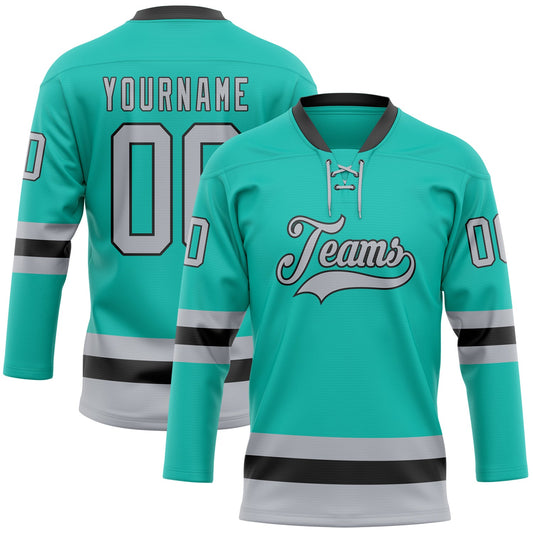 Custom Aqua Gray-Black Hockey Lace Neck Jersey