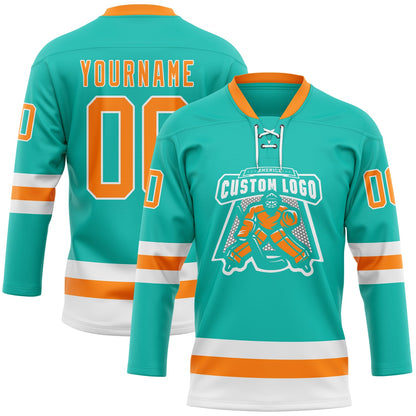 Custom Aqua Bay Orange-White Hockey Lace Neck Jersey