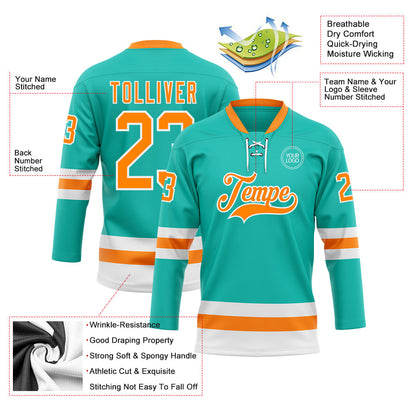 Custom Aqua Bay Orange-White Hockey Lace Neck Jersey