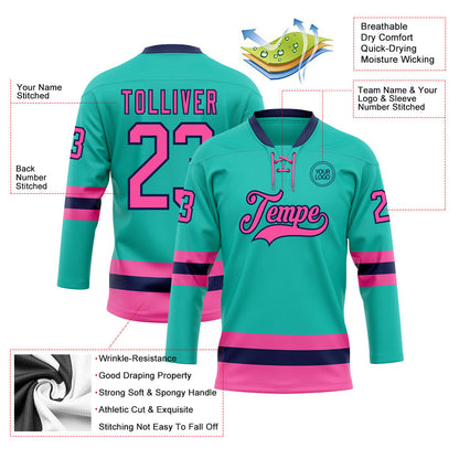 Custom Aqua Pink-Navy Hockey Lace Neck Jersey