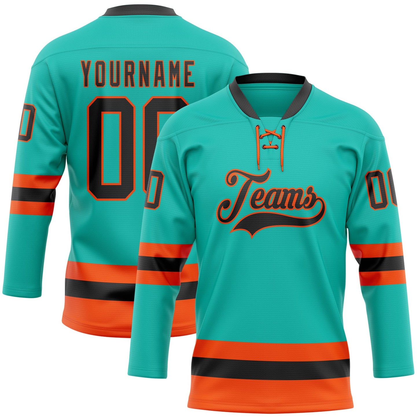 Custom Aqua Black-Orange Hockey Lace Neck Jersey