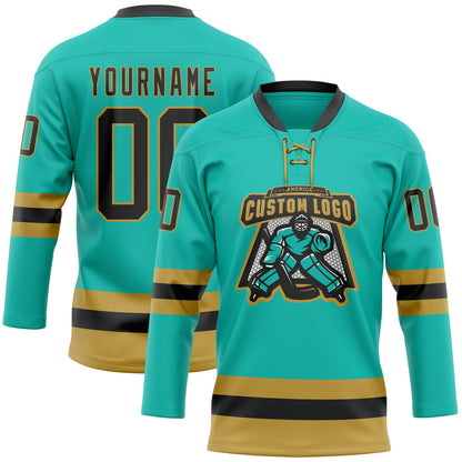 Custom Aqua Black-Old Gold Hockey Lace Neck Jersey