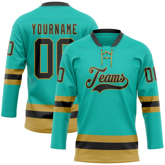 Custom Aqua Black-Old Gold Hockey Lace Neck Jersey