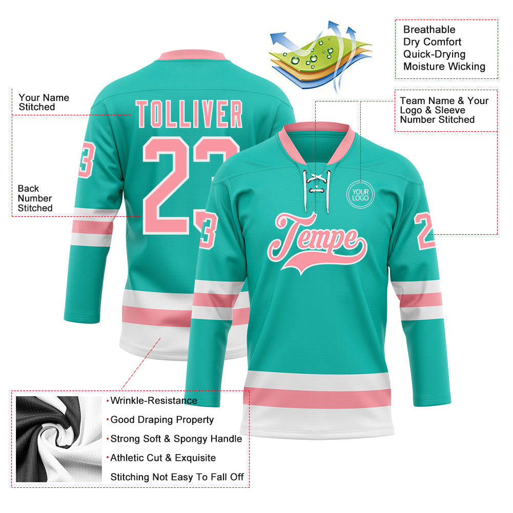 Custom Aqua Medium Pink-White Hockey Lace Neck Jersey